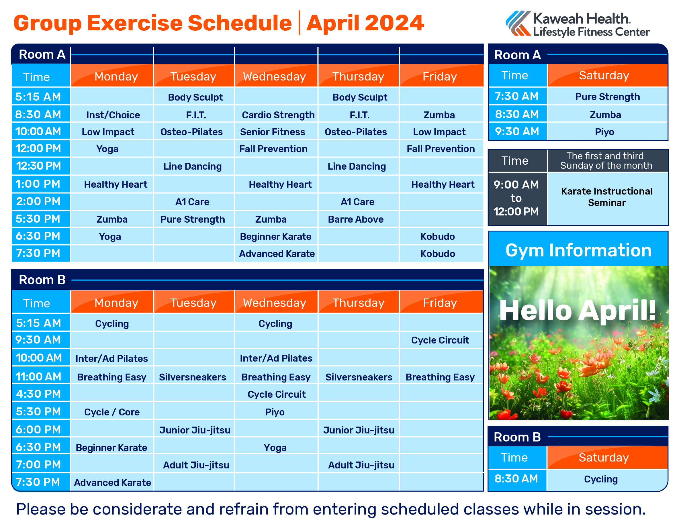 April Aerobic schedule 2024