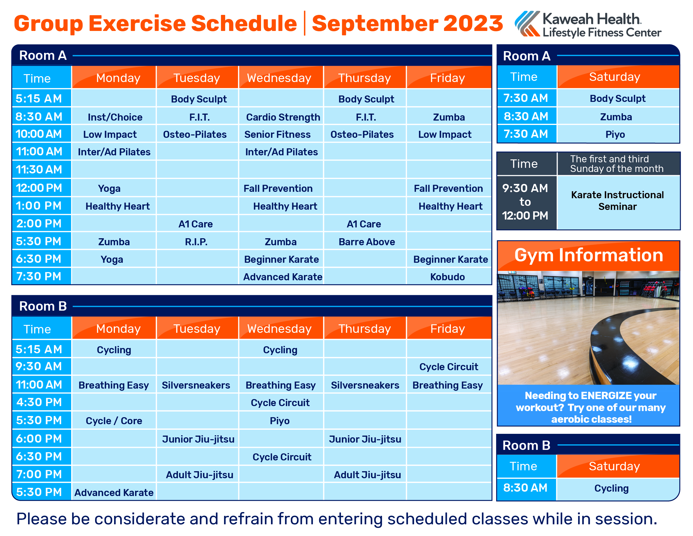 September Aerobic schedule 2023