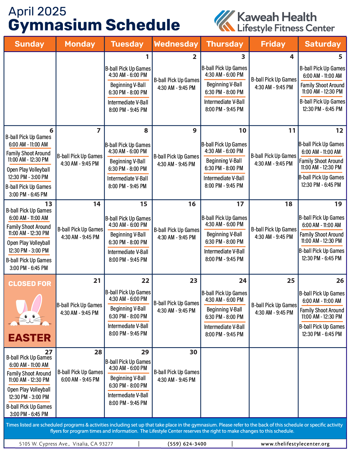 April 2025 Gymnasium schedule