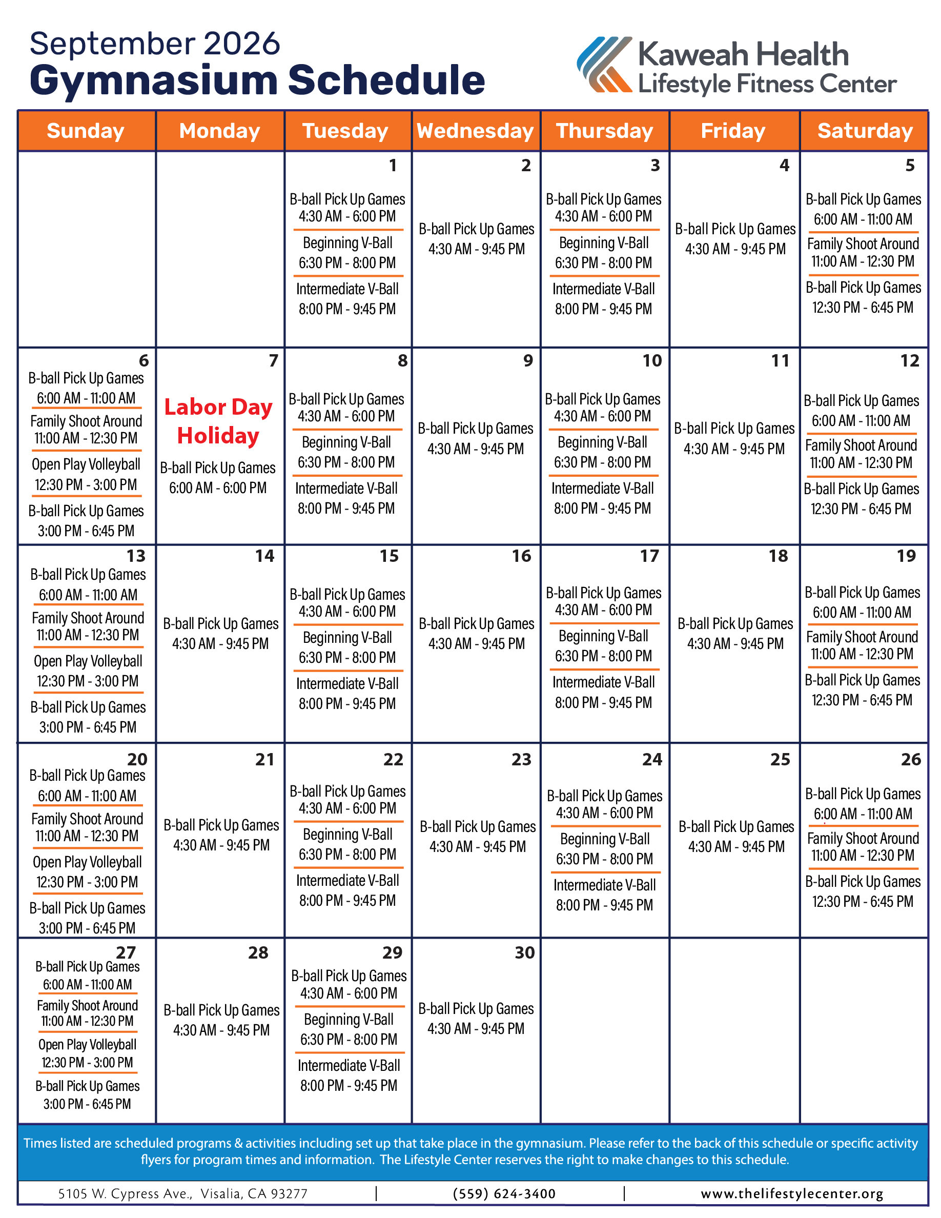 September 2026 Gymnasium schedule