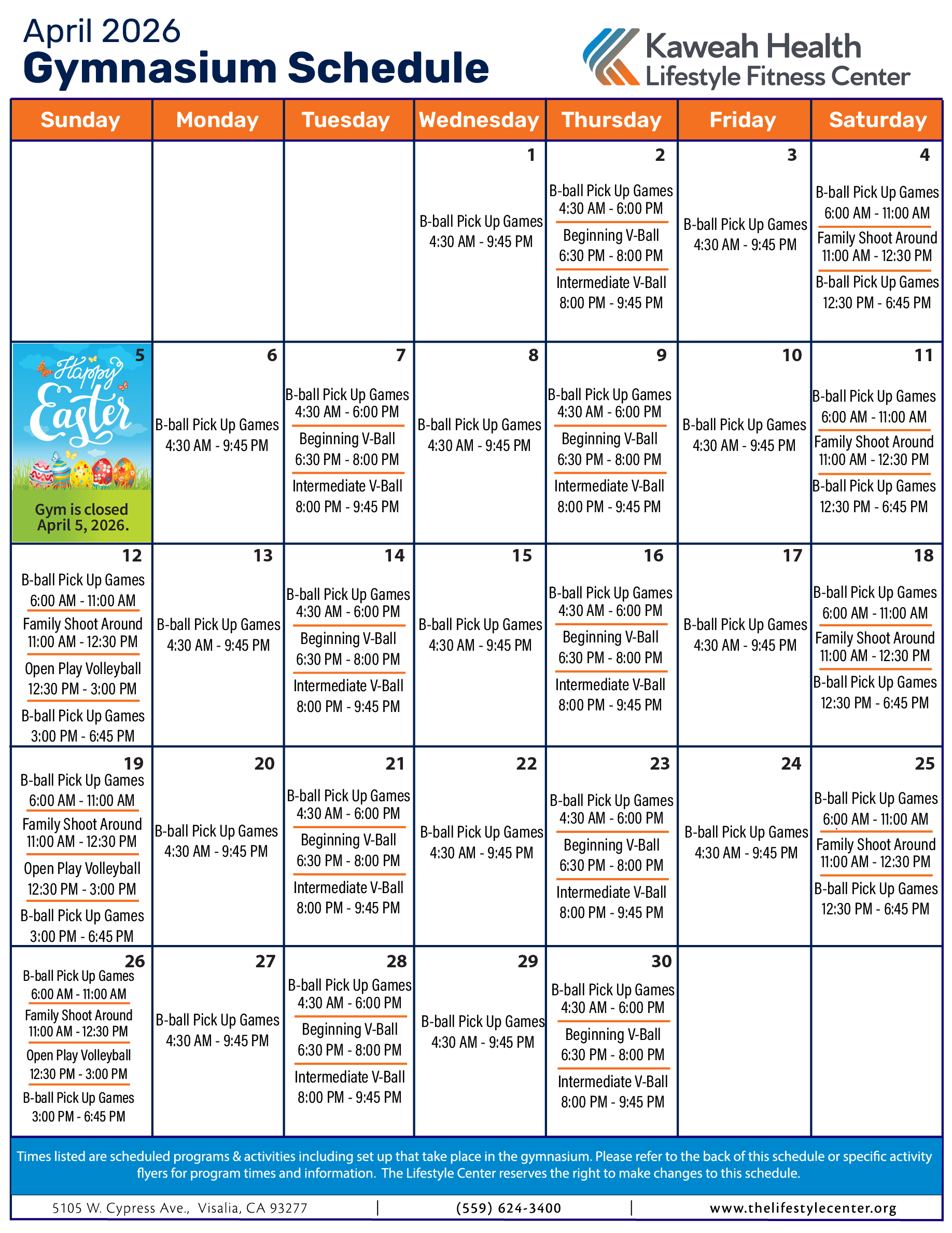 April 2026 Gymnasium schedule