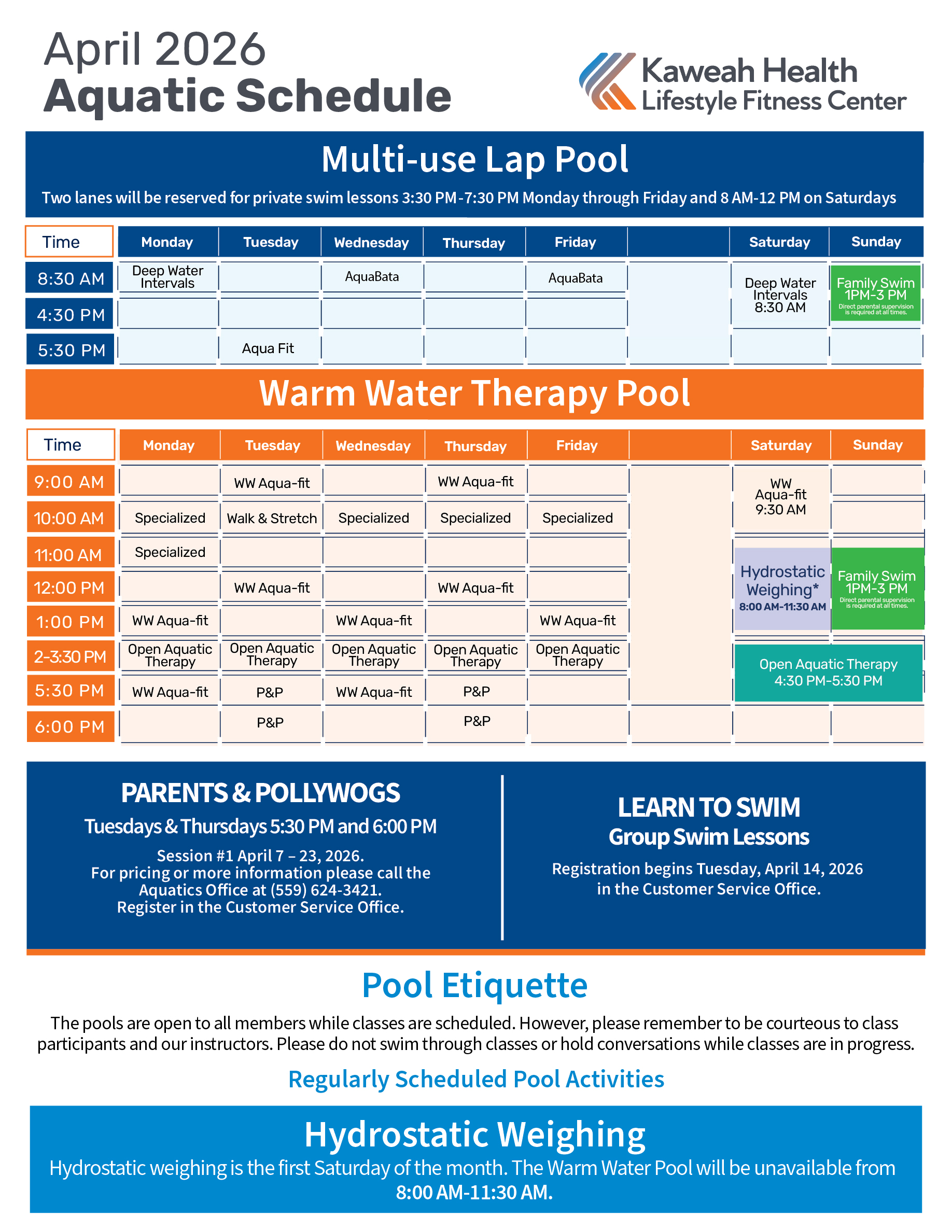 April Aquatic Schedule 2026