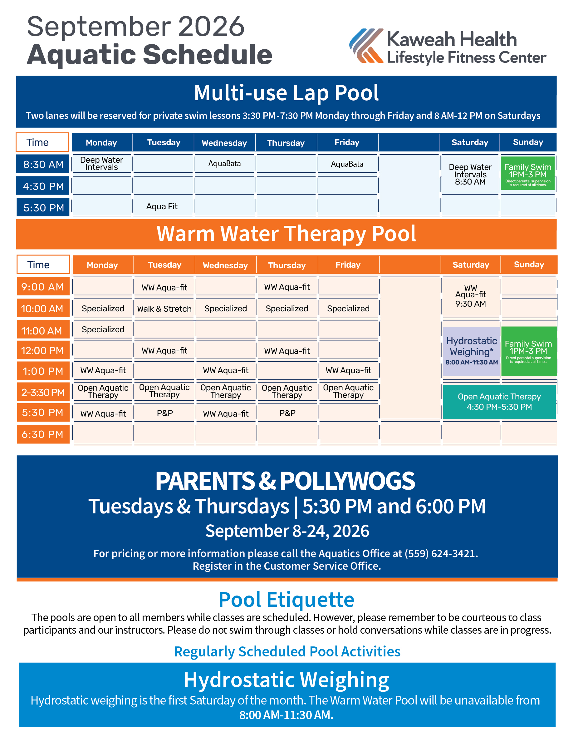 September 2026 Aquatic Schedule 