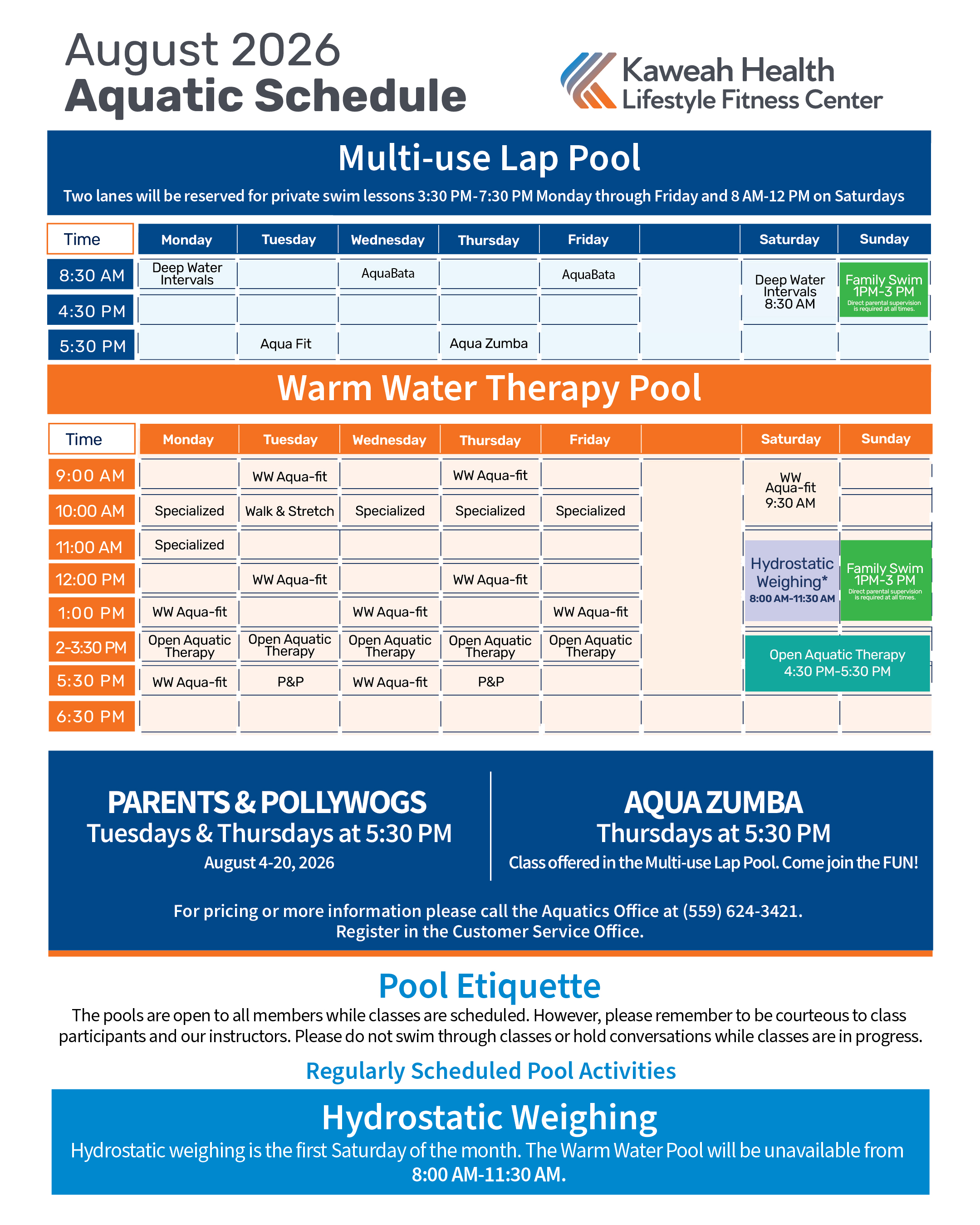 August 2026 Aquatic Schedule