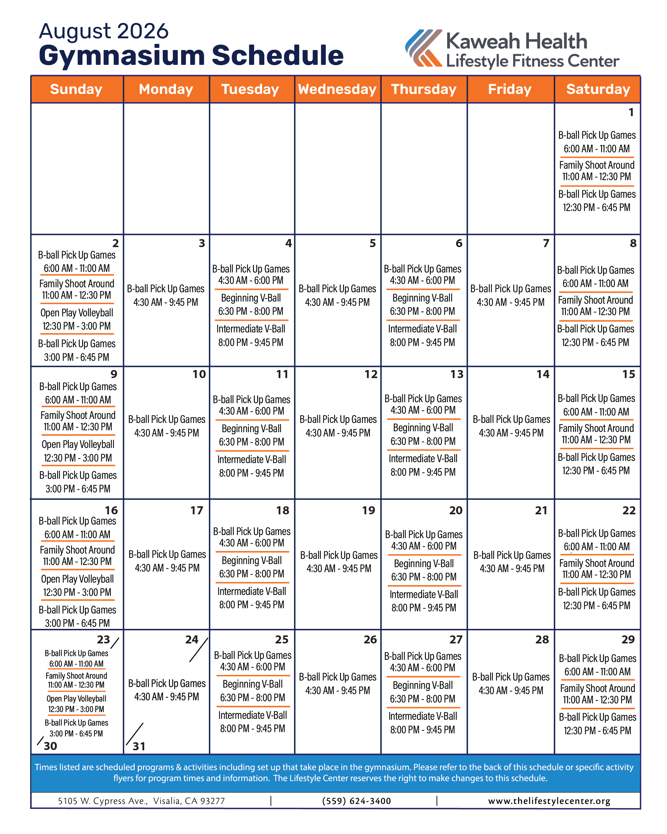 August 2026 Gymnasium schedule
