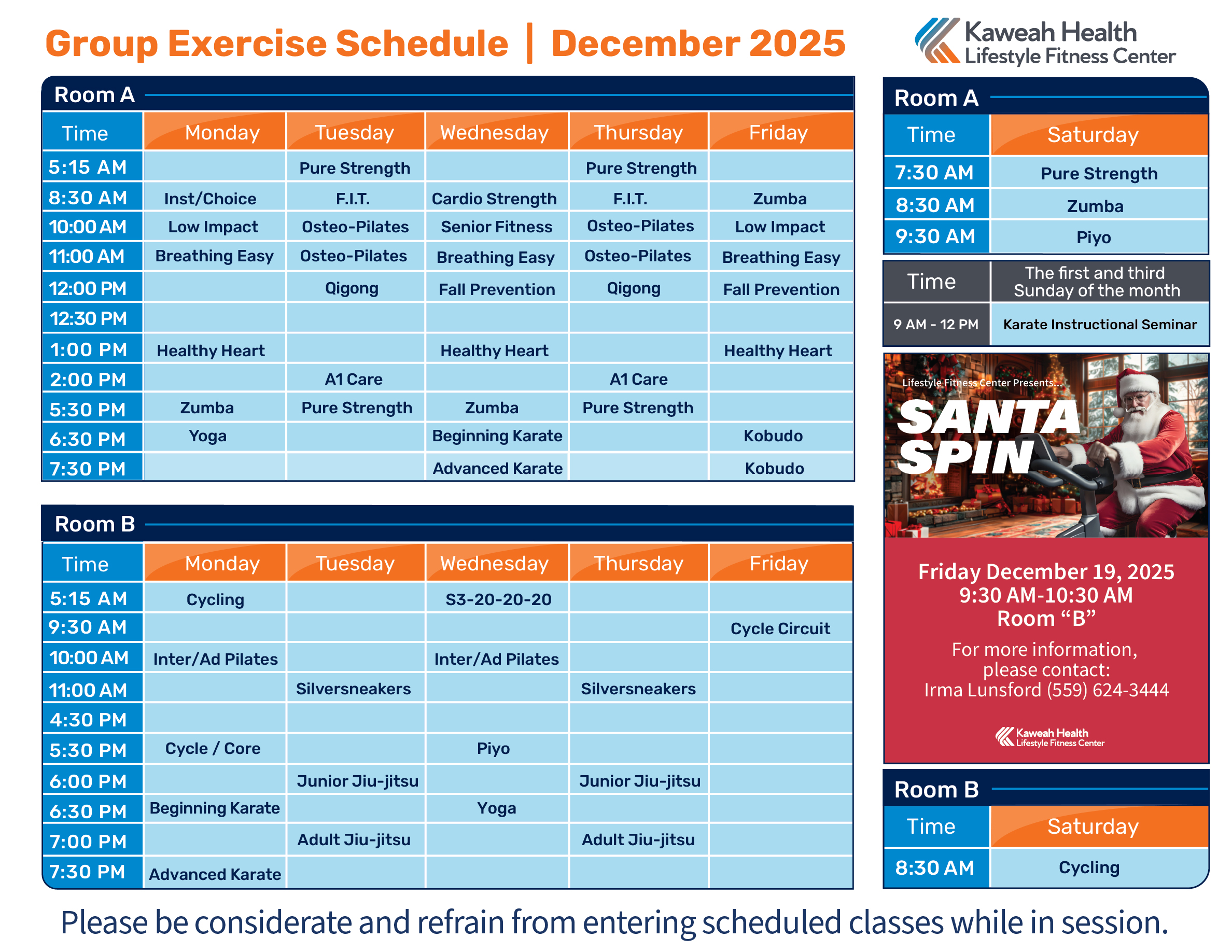 December Aerobic schedule 2025