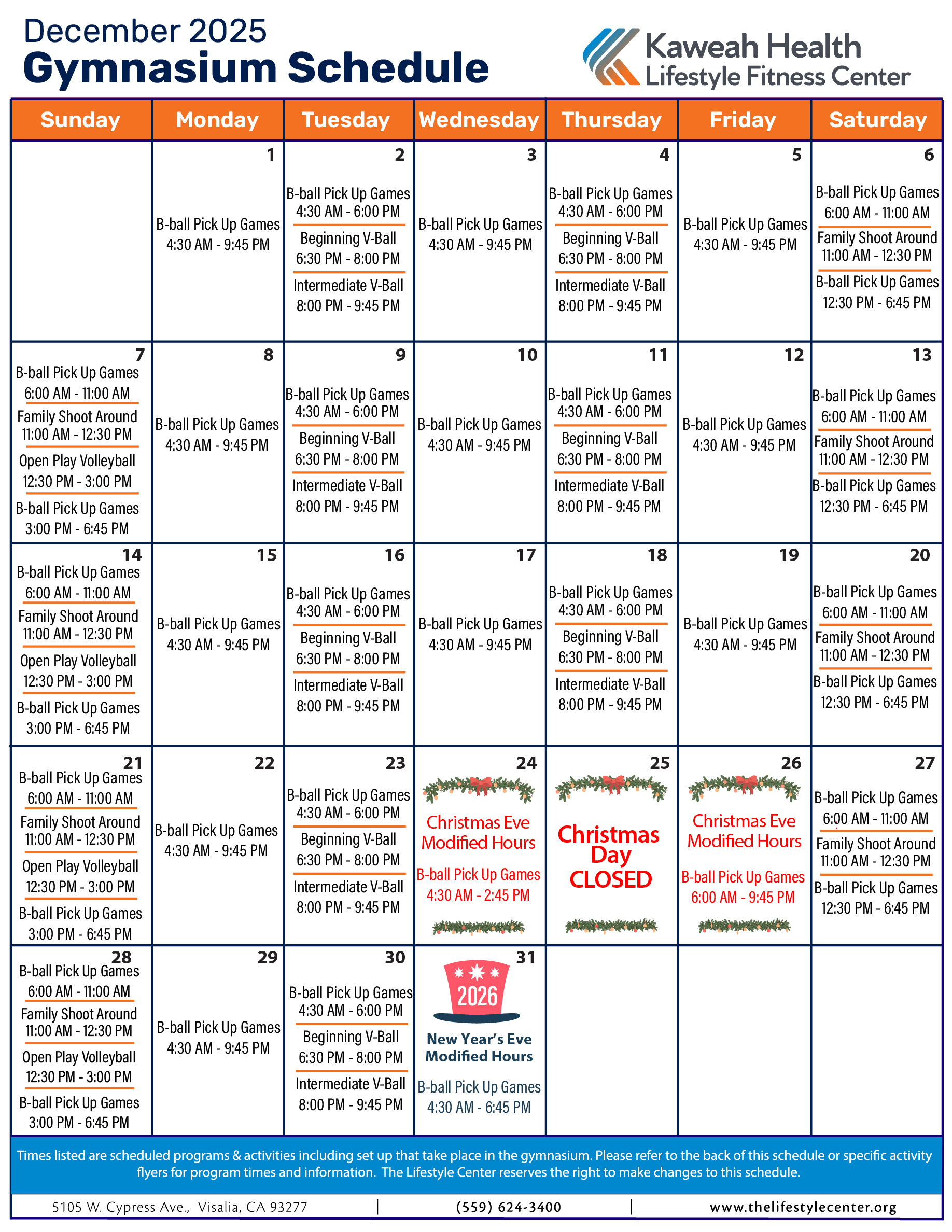 December 2025 Gymnasium schedule