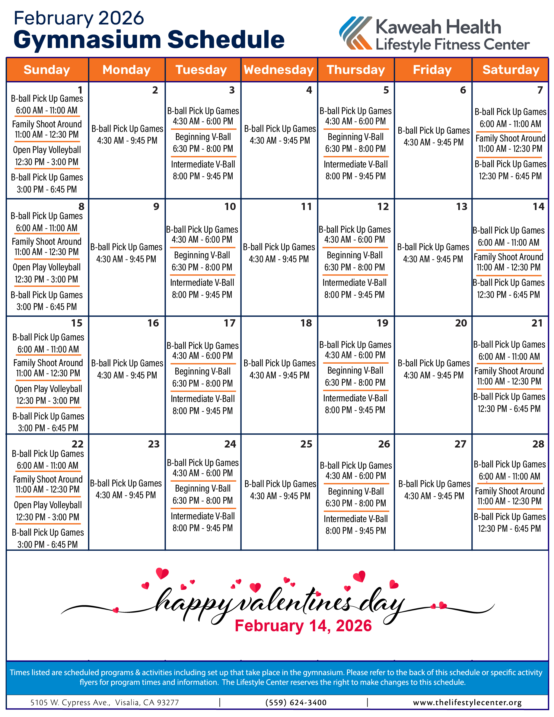 February 2026 Gymnasium schedule