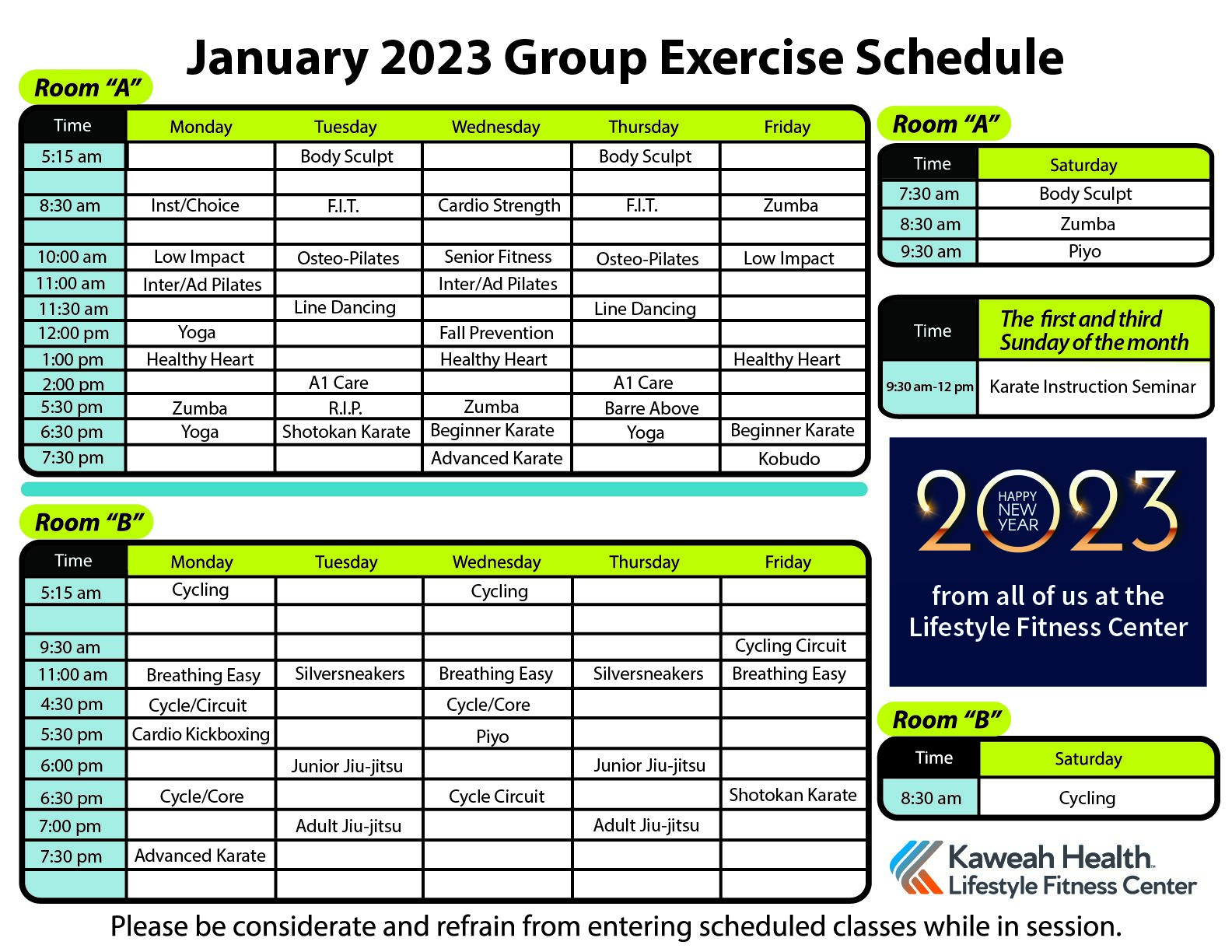 January Aerobic Schedule 2023