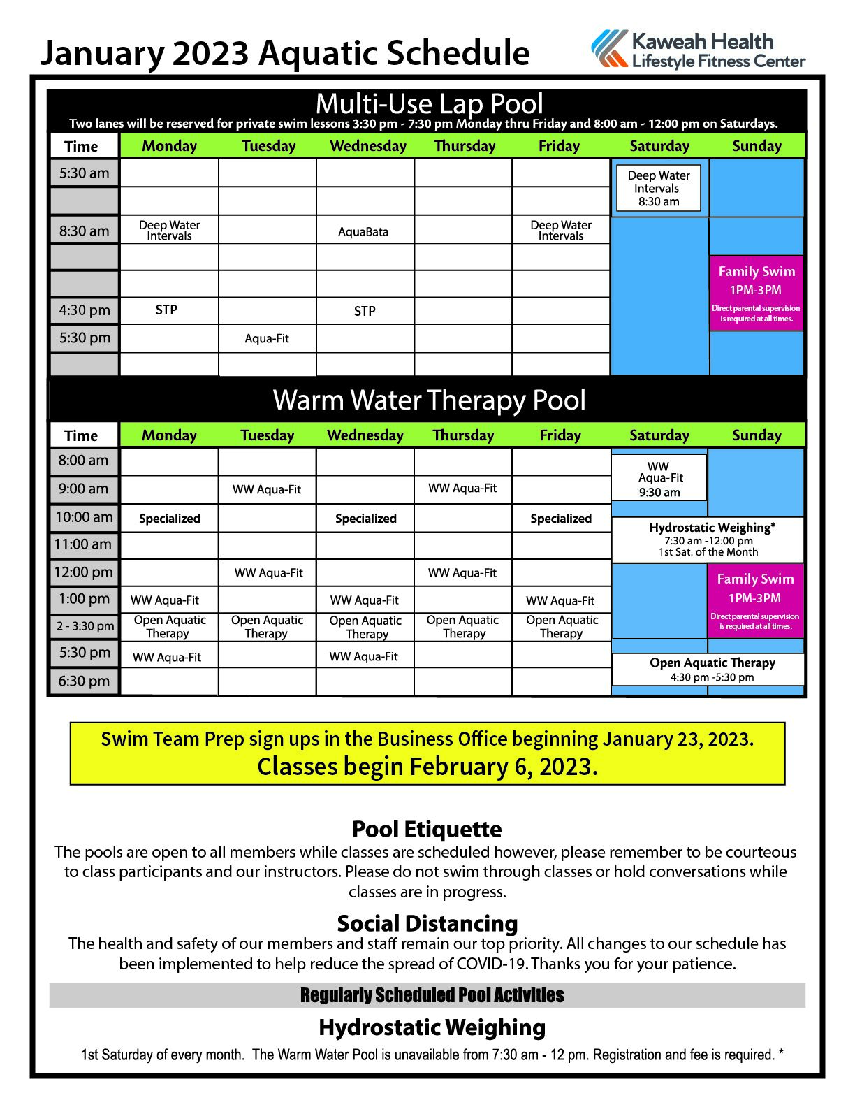 January Aquatic Schedule 2023
