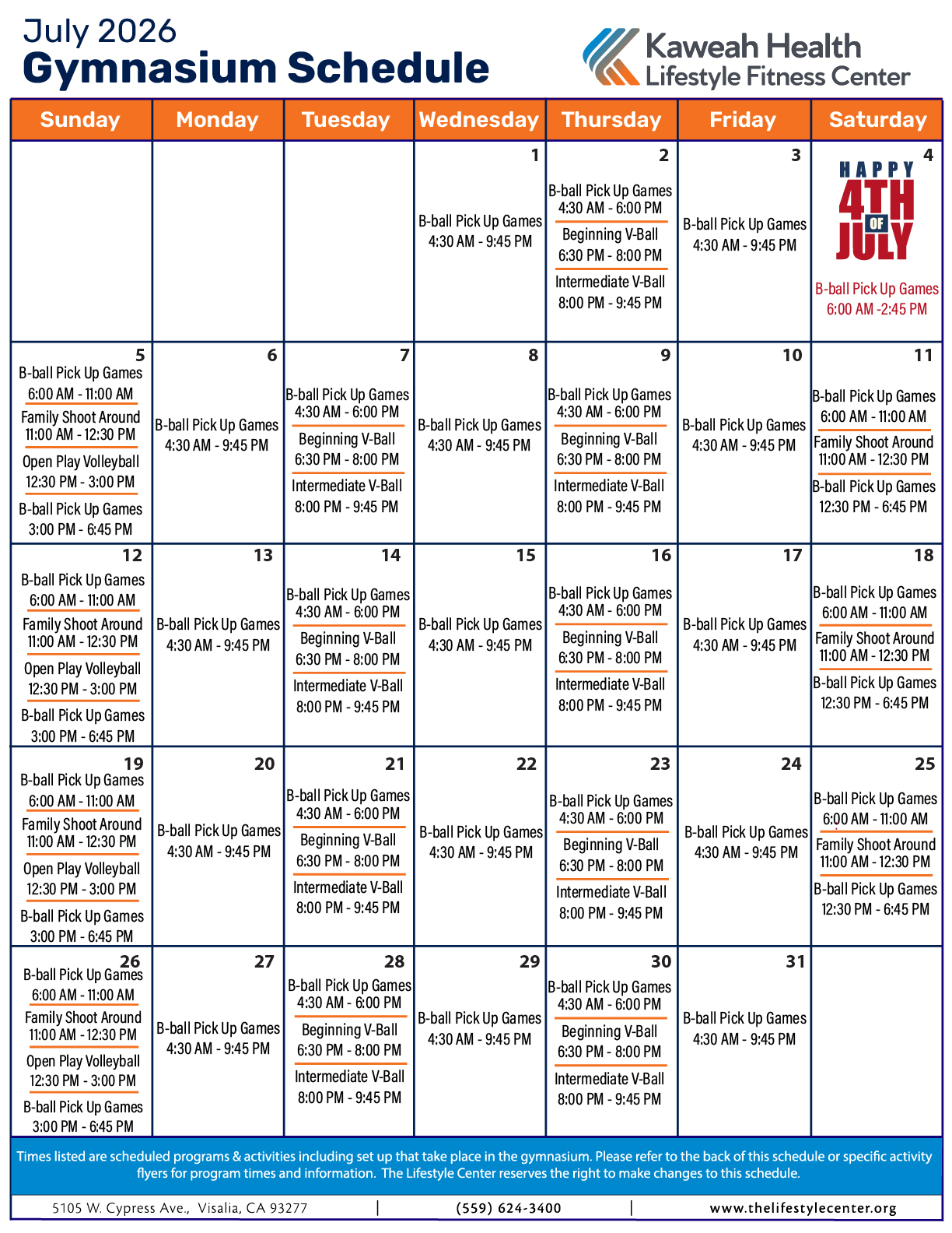 July 2026 Gymnasium schedule