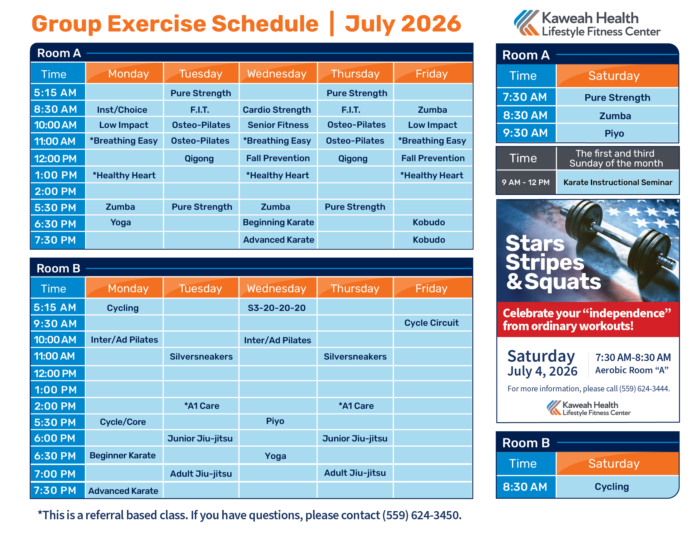 July Aerobic schedule 2026
