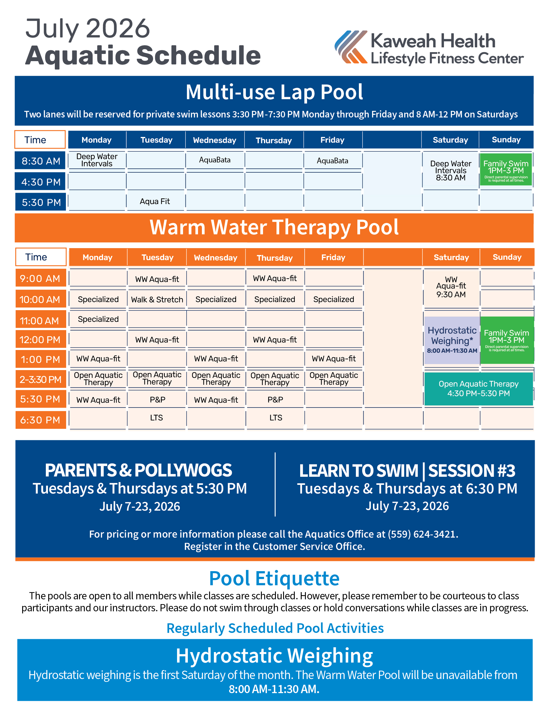 July 2026 Aquatic Schedule