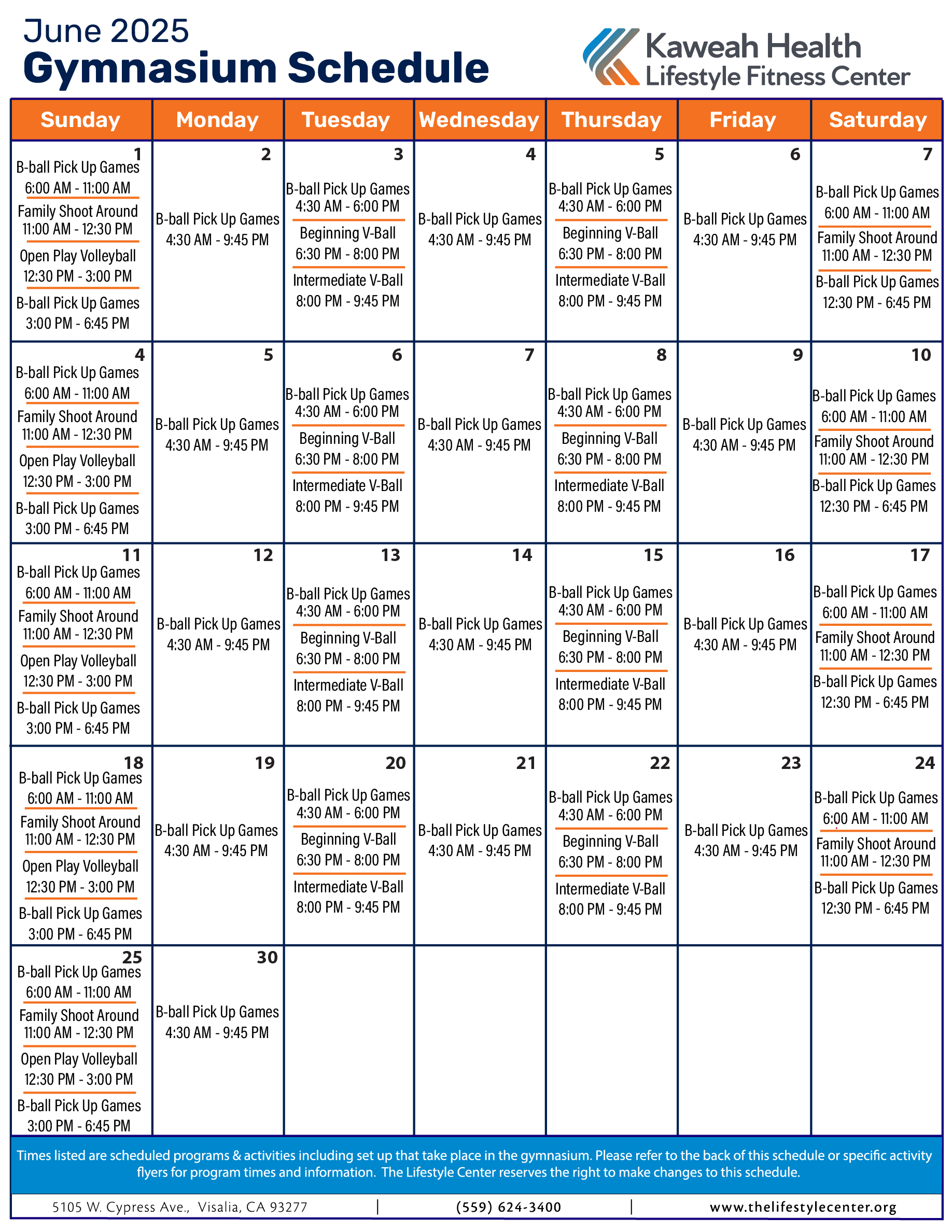 June 2025 Gymnasium schedule