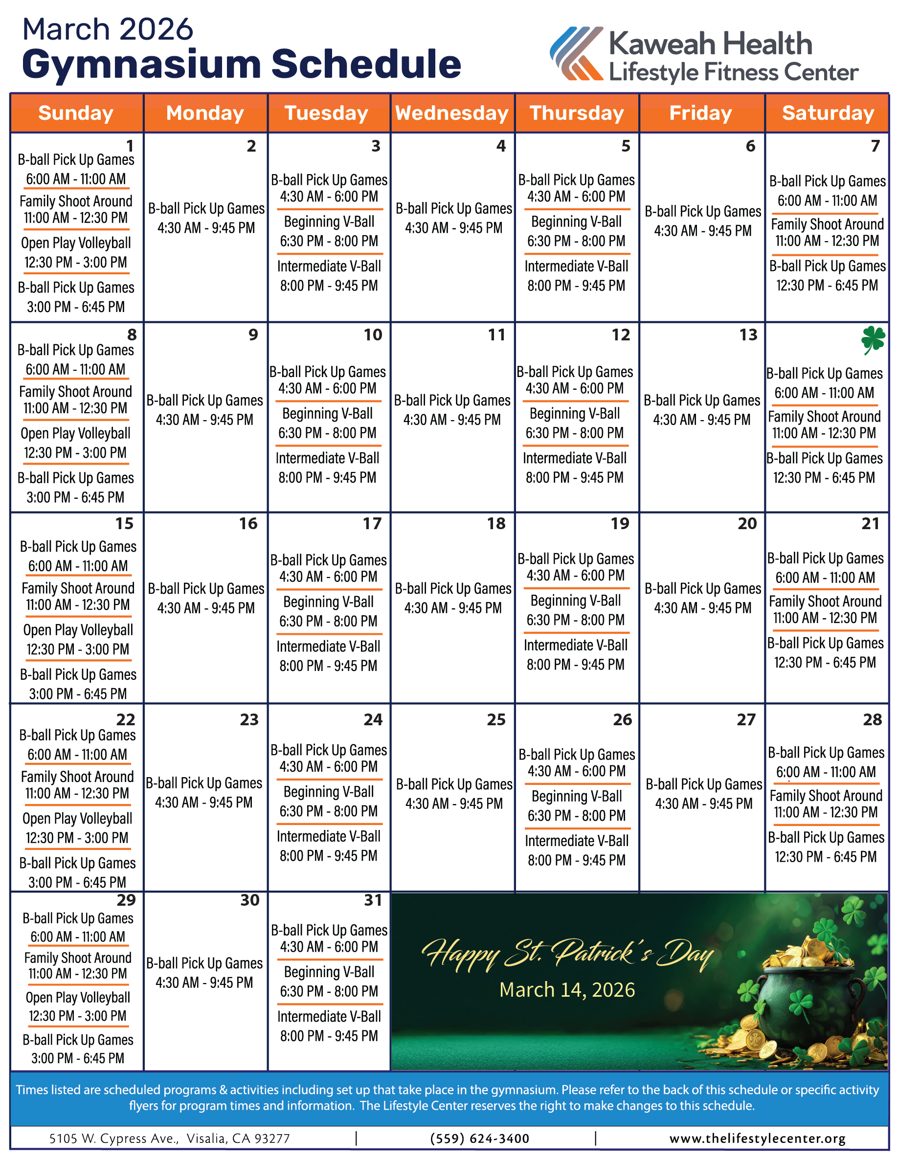March 2026 Gymnasium schedule