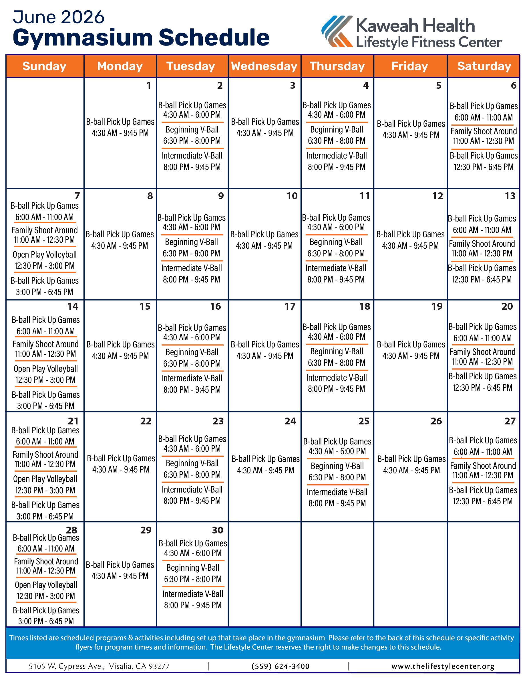 June 2026 Gymnasium schedule