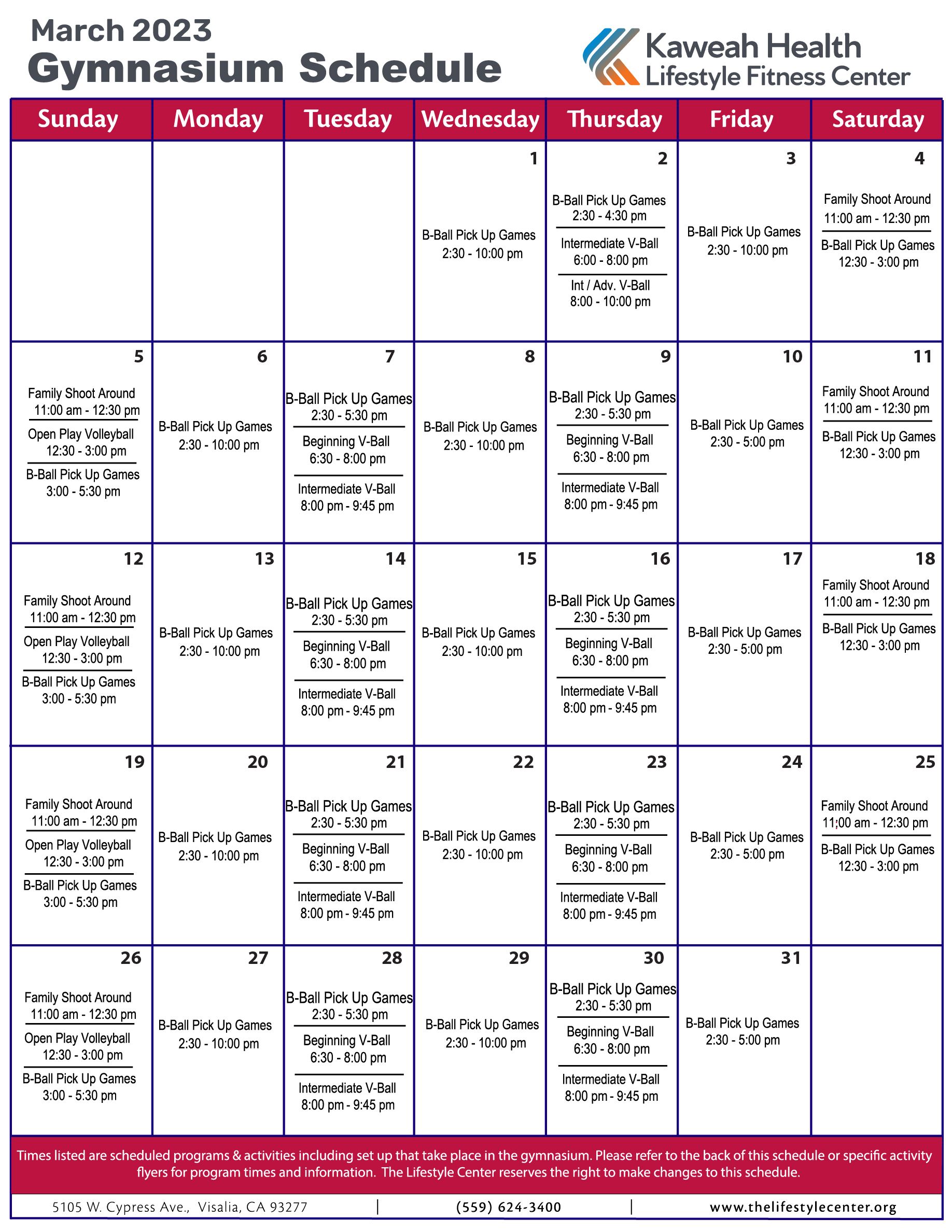 March 2023 Gymnasium schedule