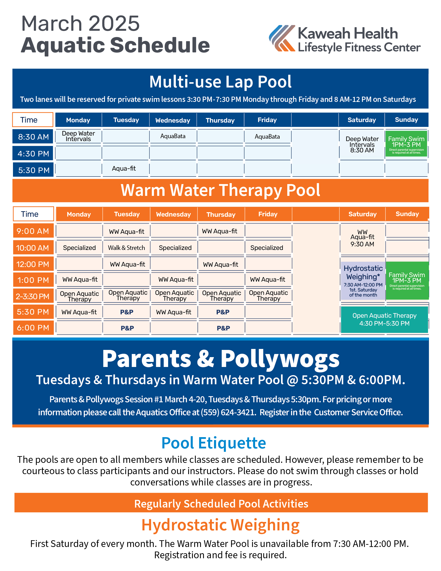 March Aquatic Schedule 2025