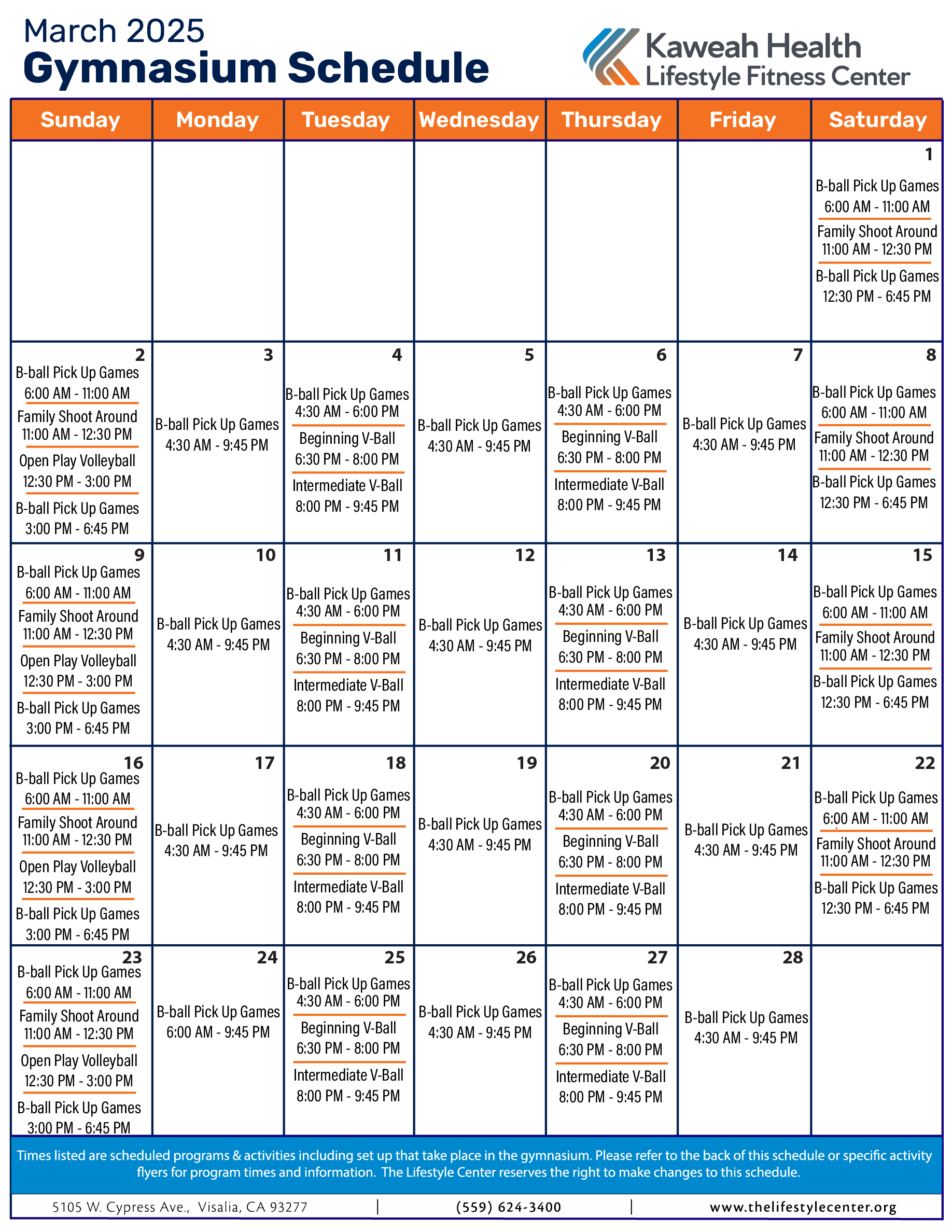 March 2025 Gymnasium schedule