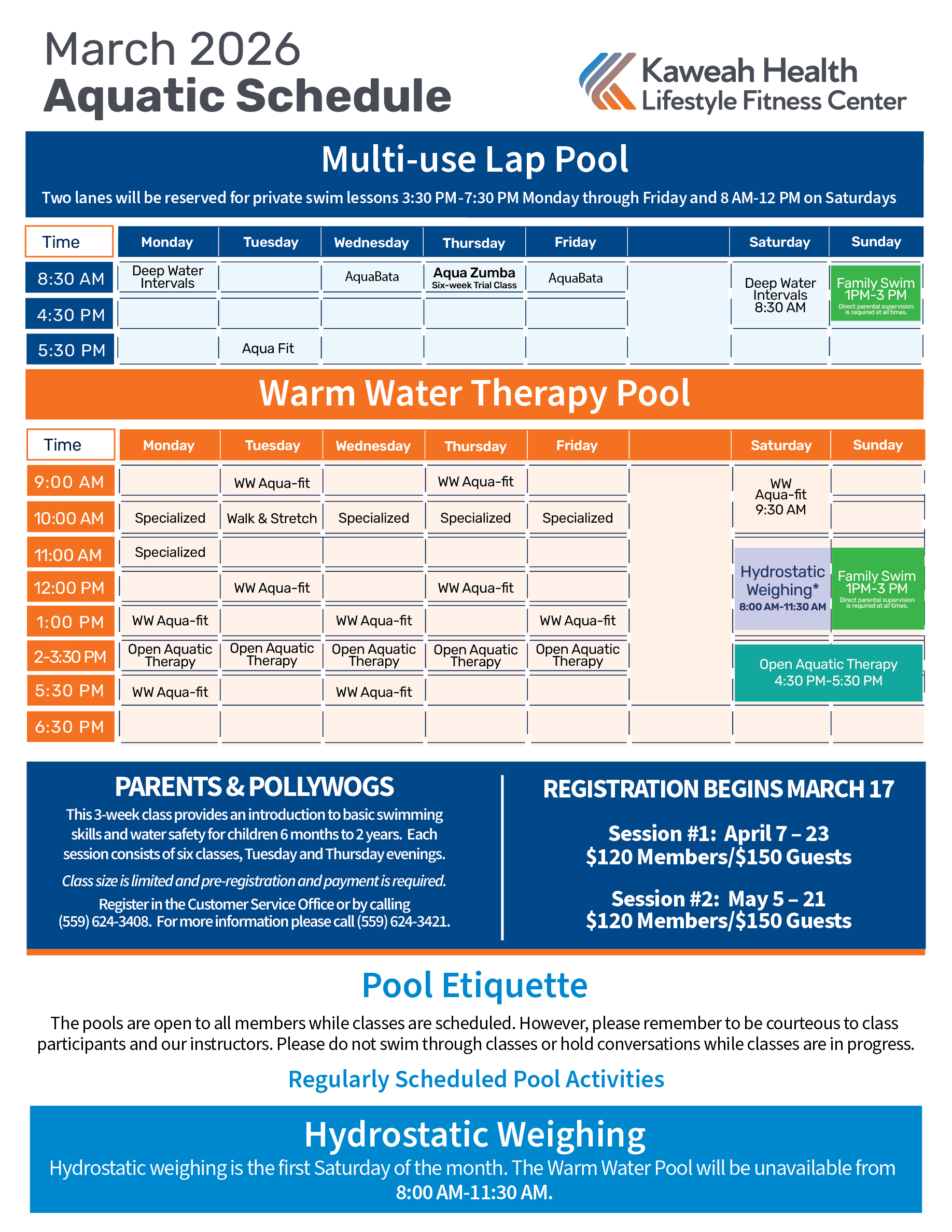 March Aquatic Schedule 2026