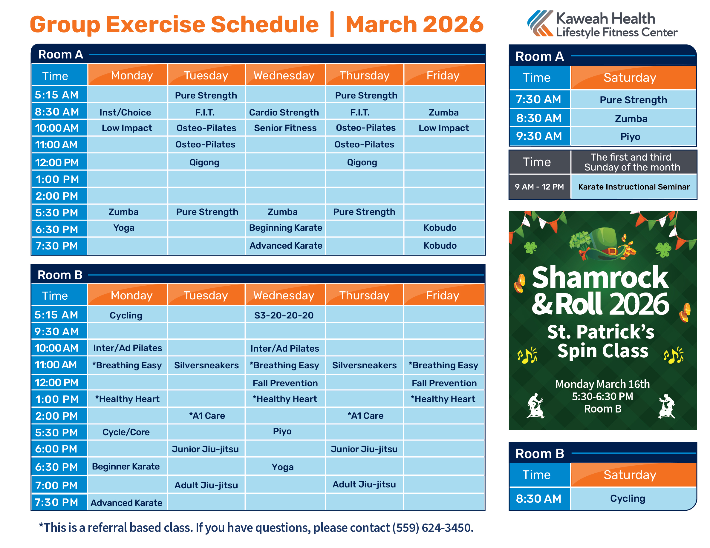 March Aerobic schedule 2026