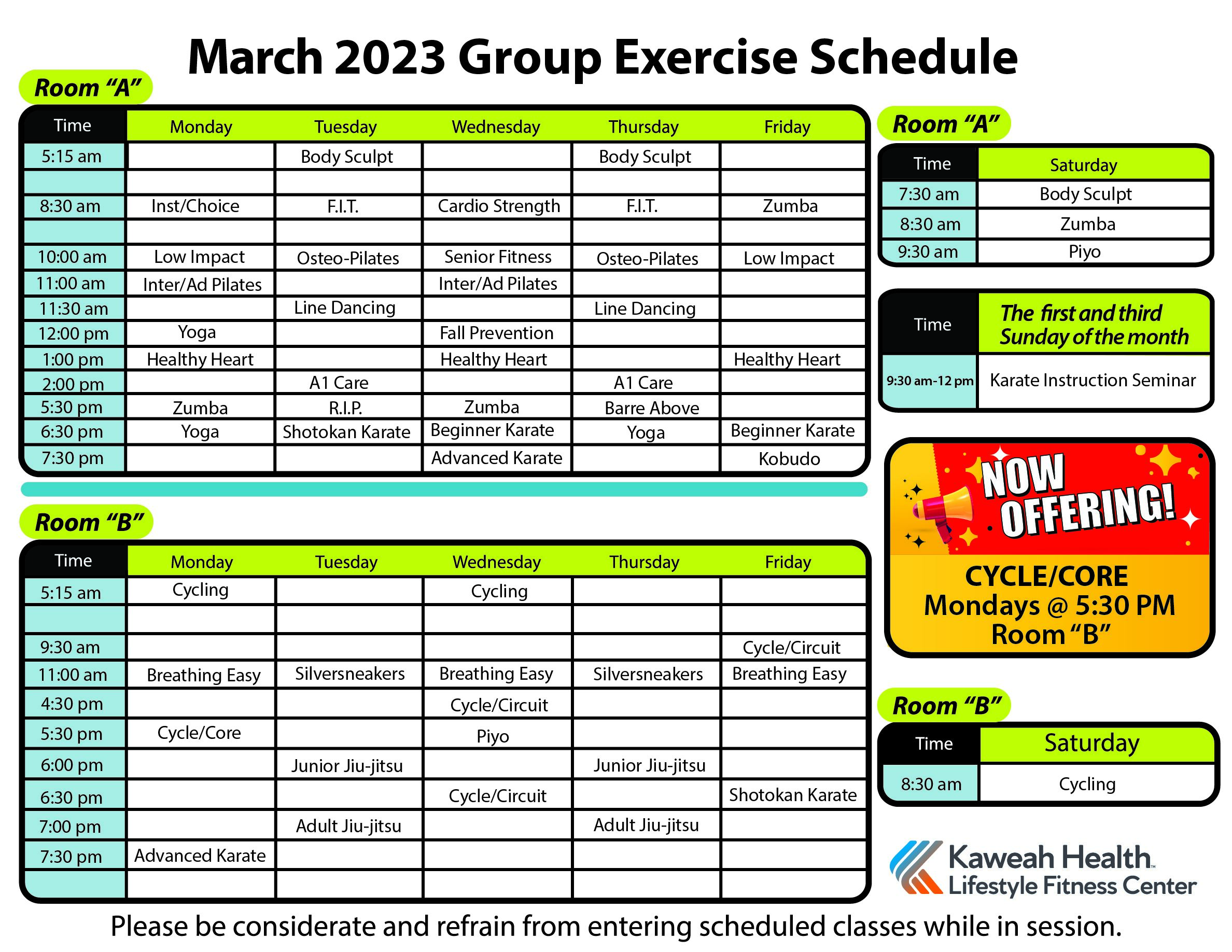 March Aerobic schedule 2023