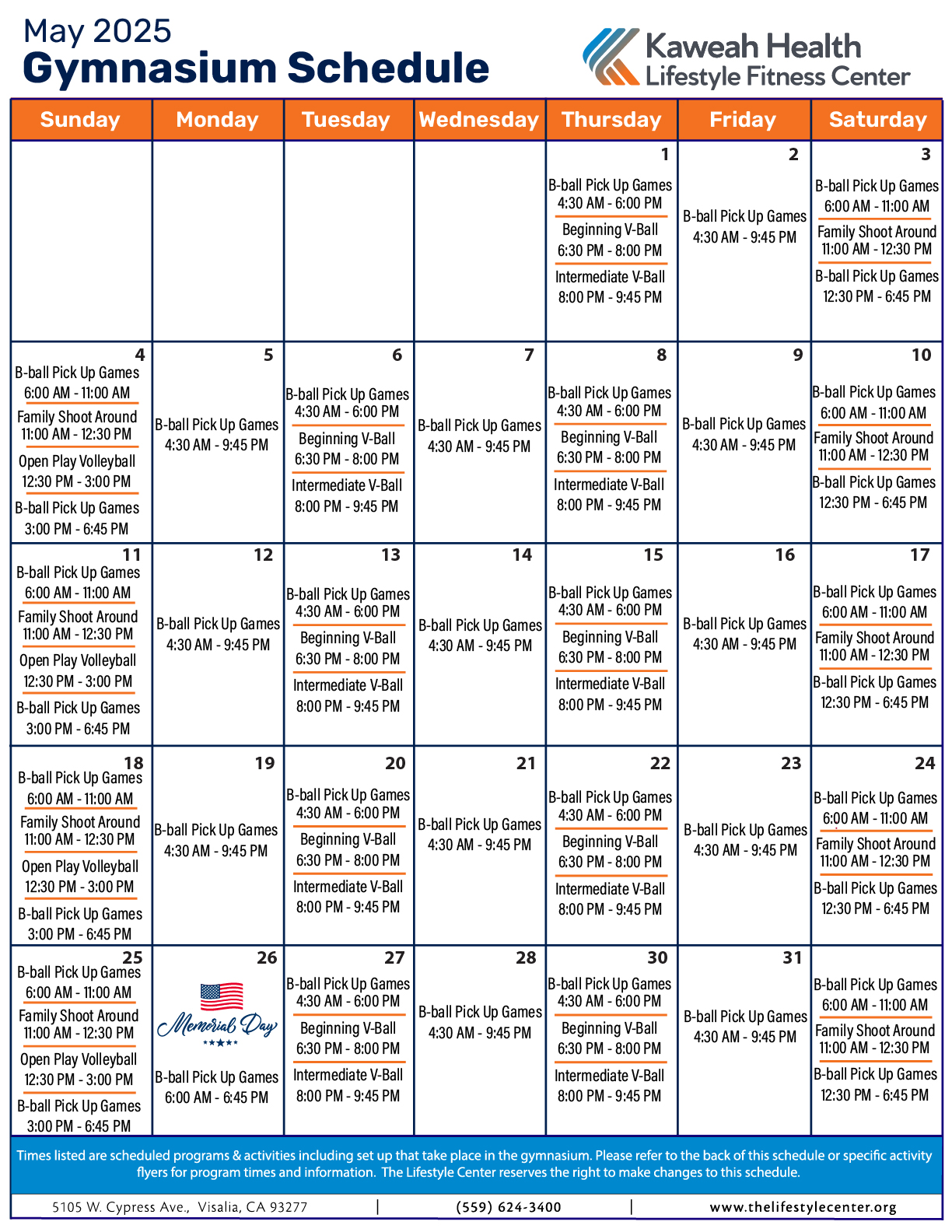 May 2025 Gymnasium schedule