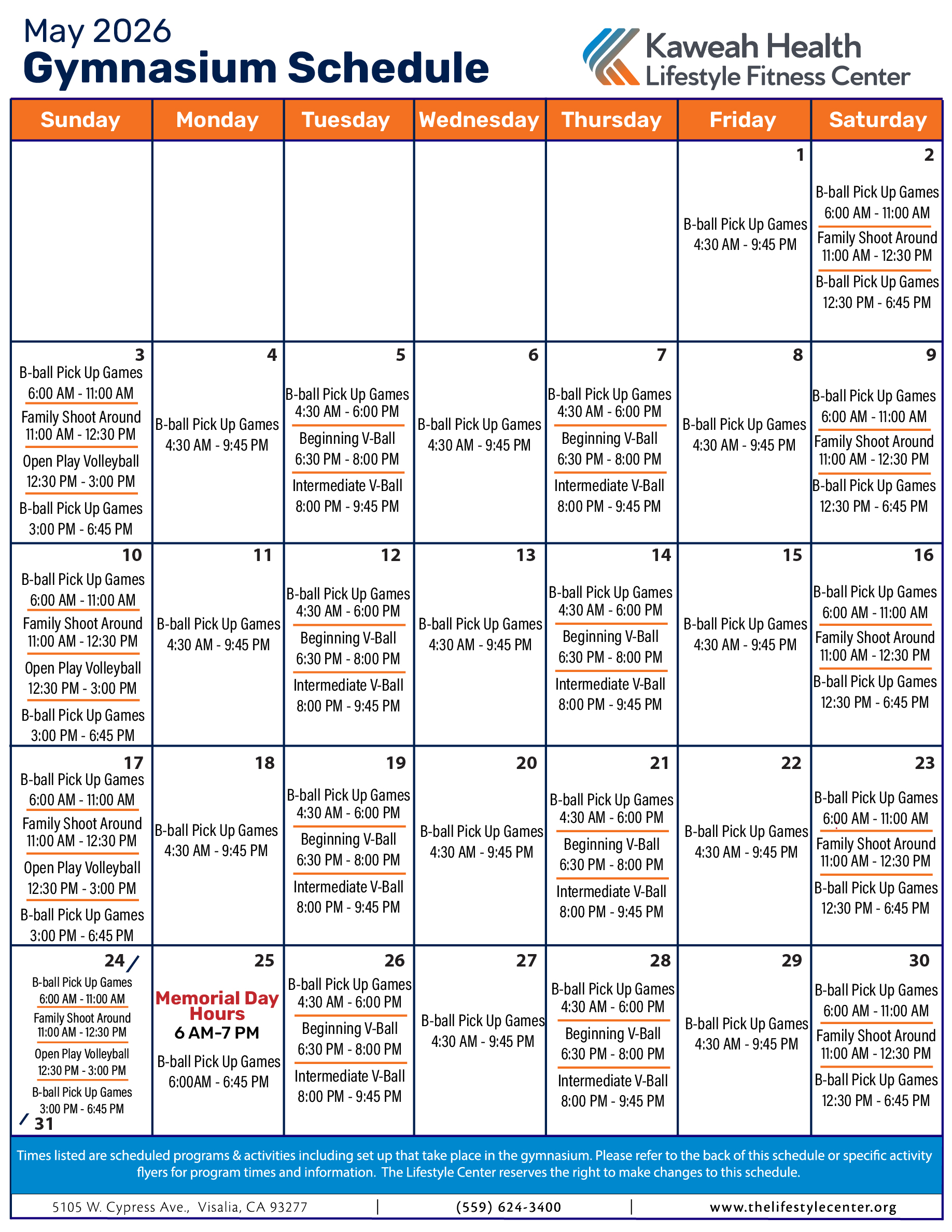 May 2026 Gymnasium schedule