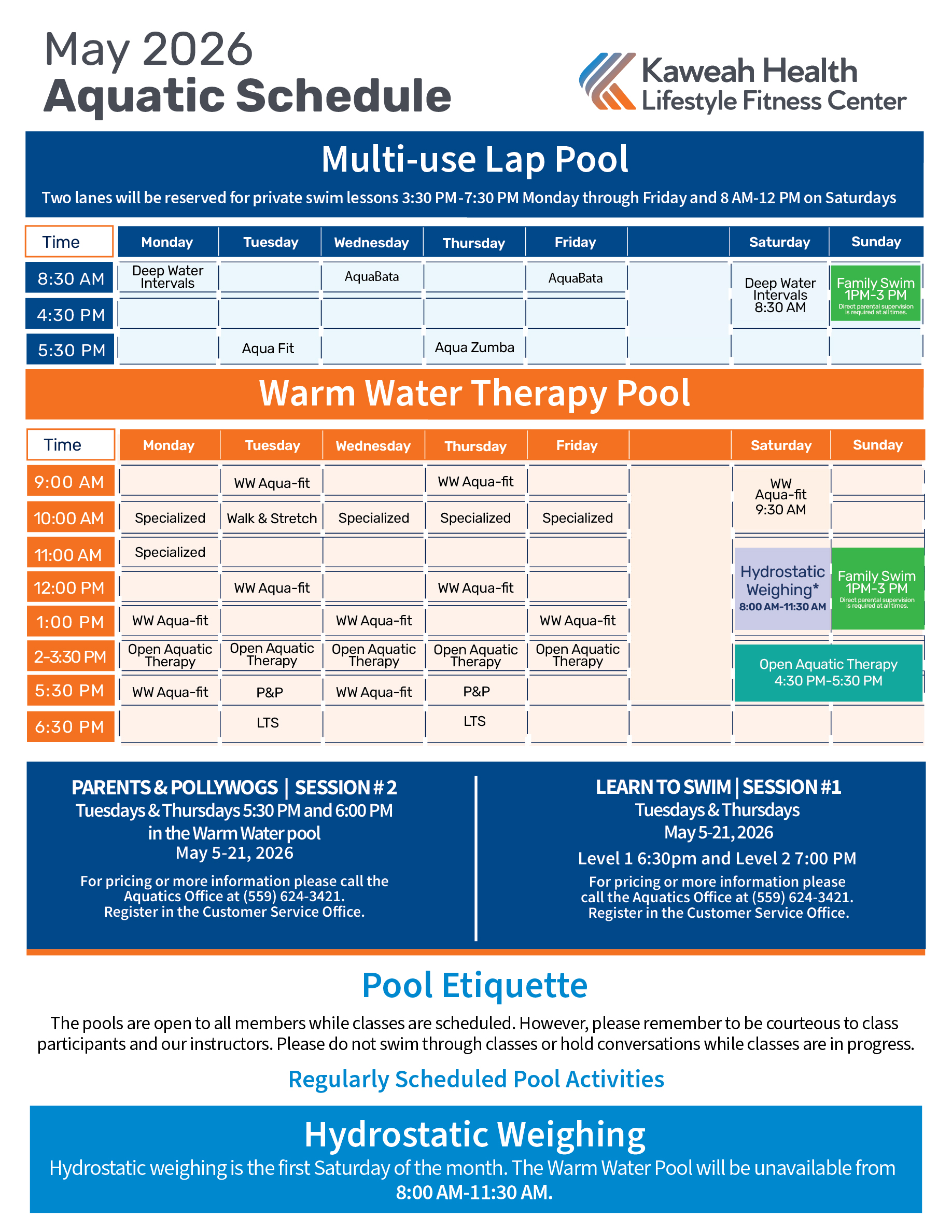 May Aquatic Schedule 2026