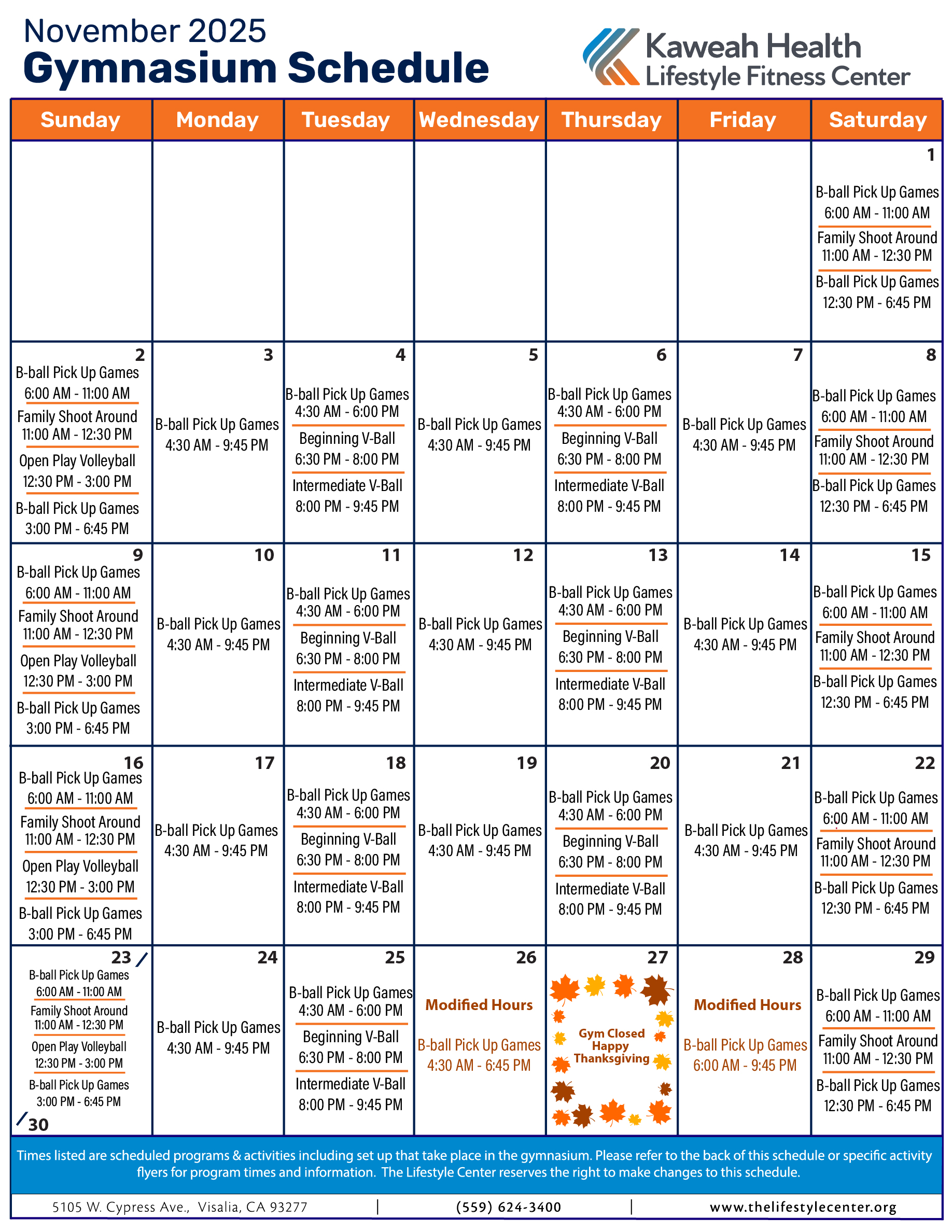 November 2025 Gymnasium schedule
