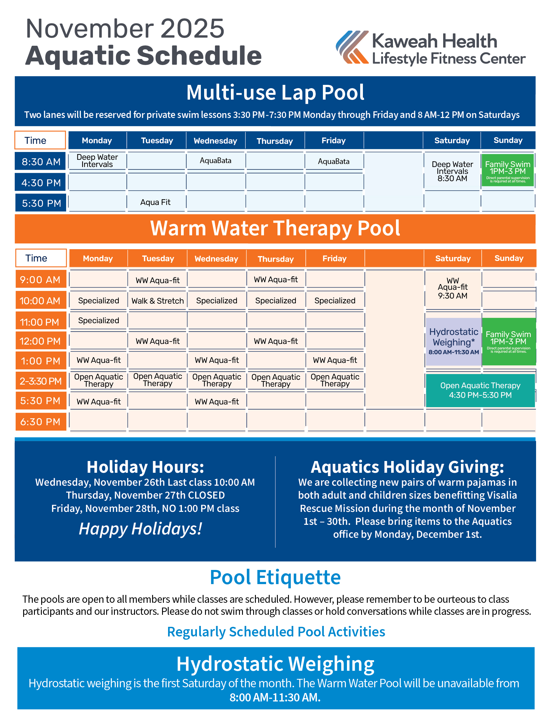 November Aquatic Schedule 2025