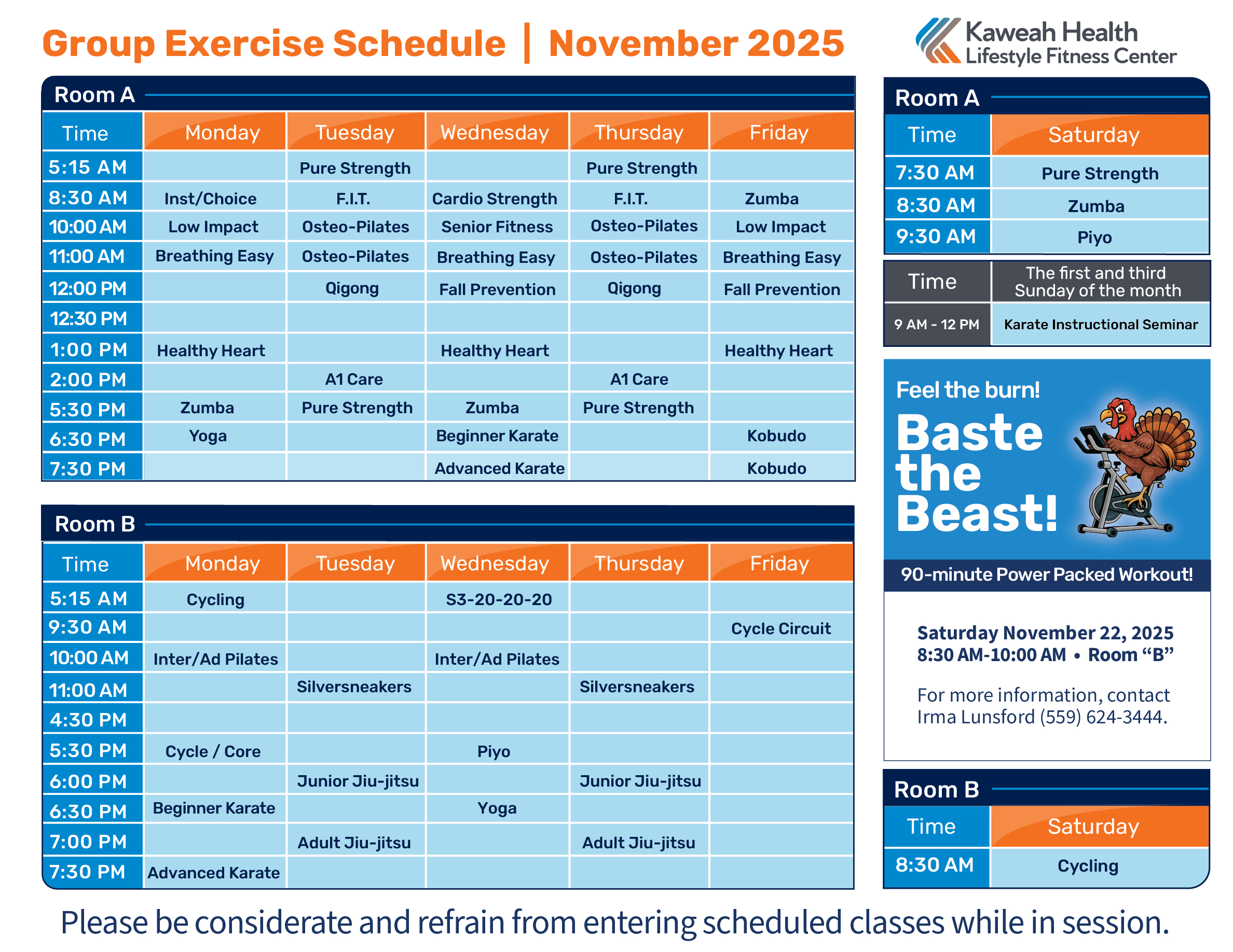 November 2025 Aerobic Schedule 
