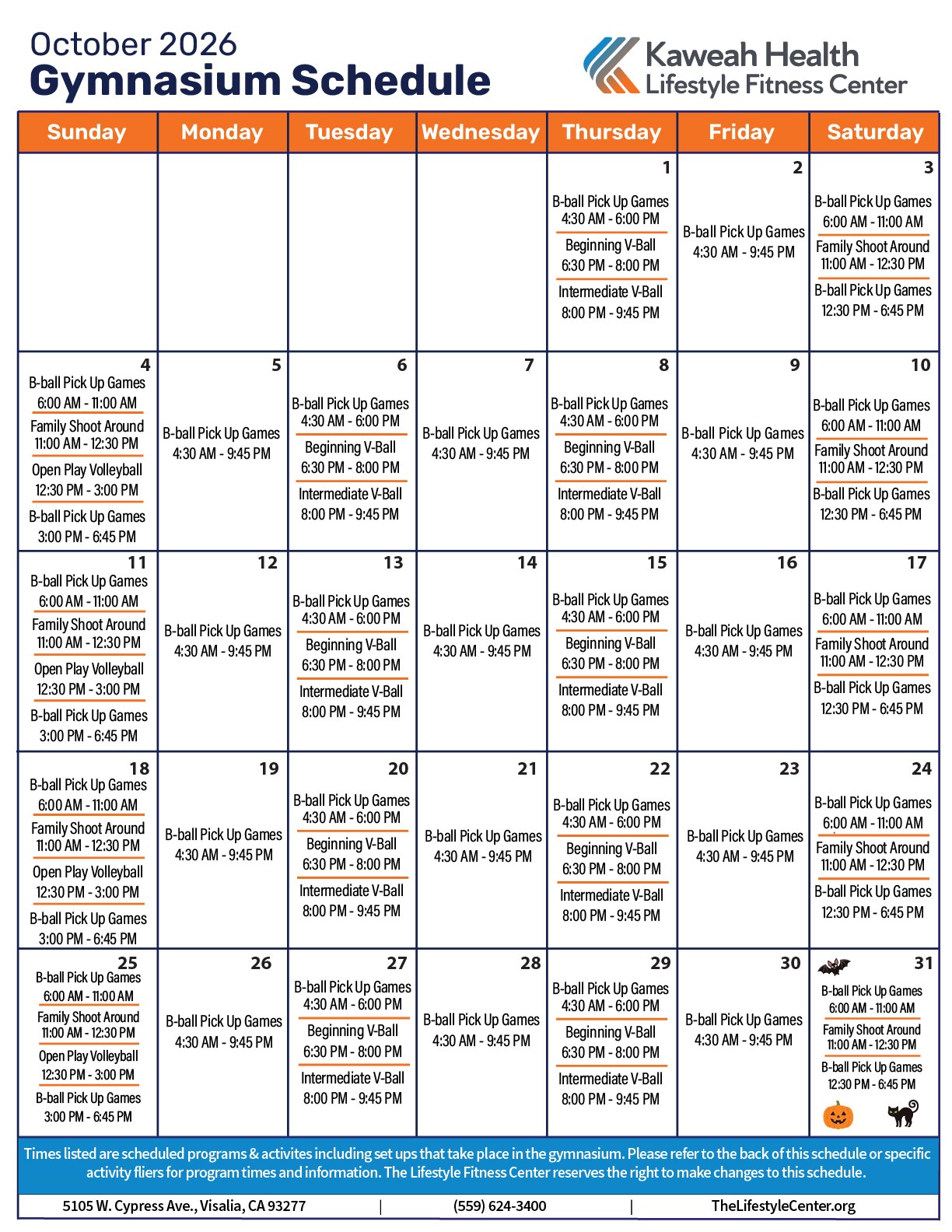 October2026 Gymnasium schedule
