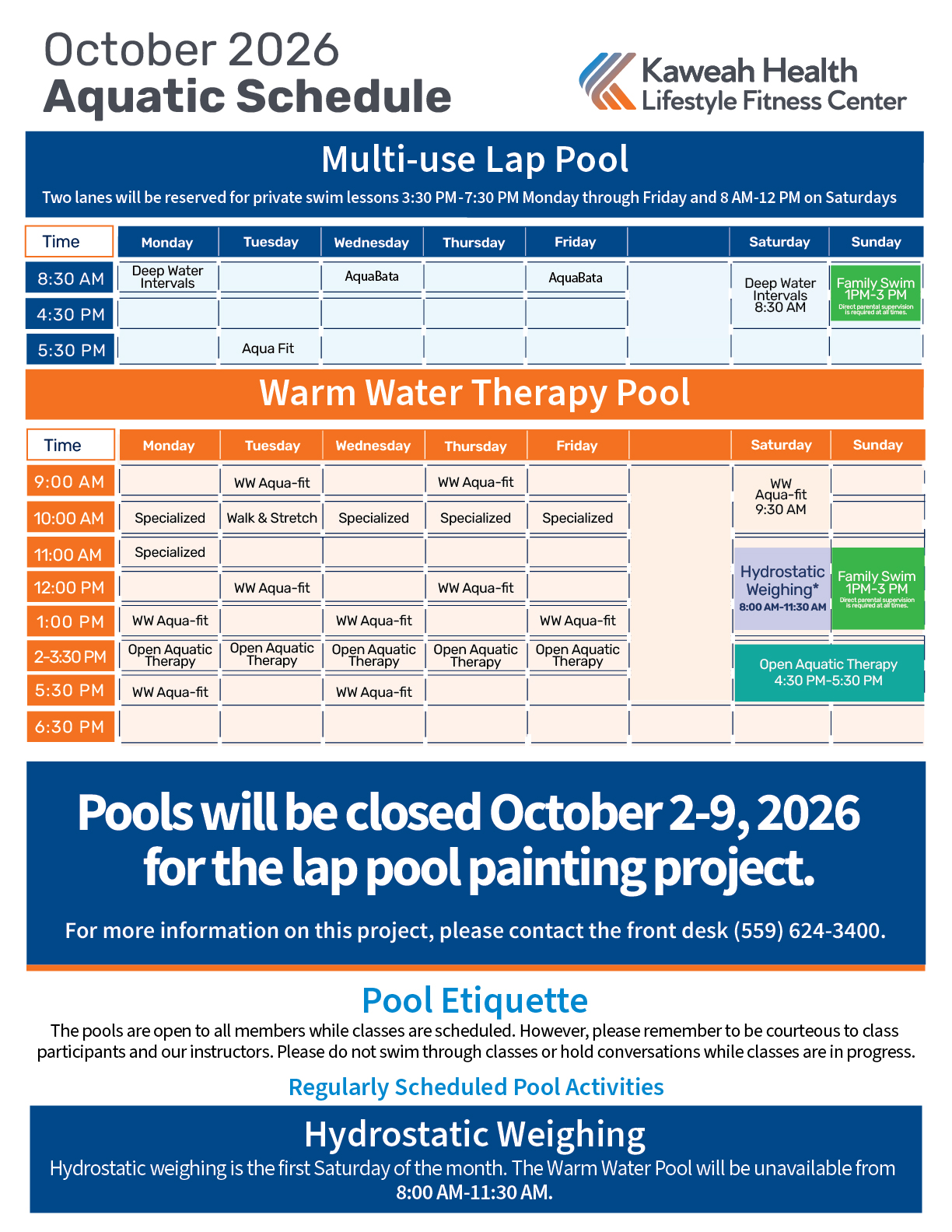 October 2026 Aquatic Schedule 