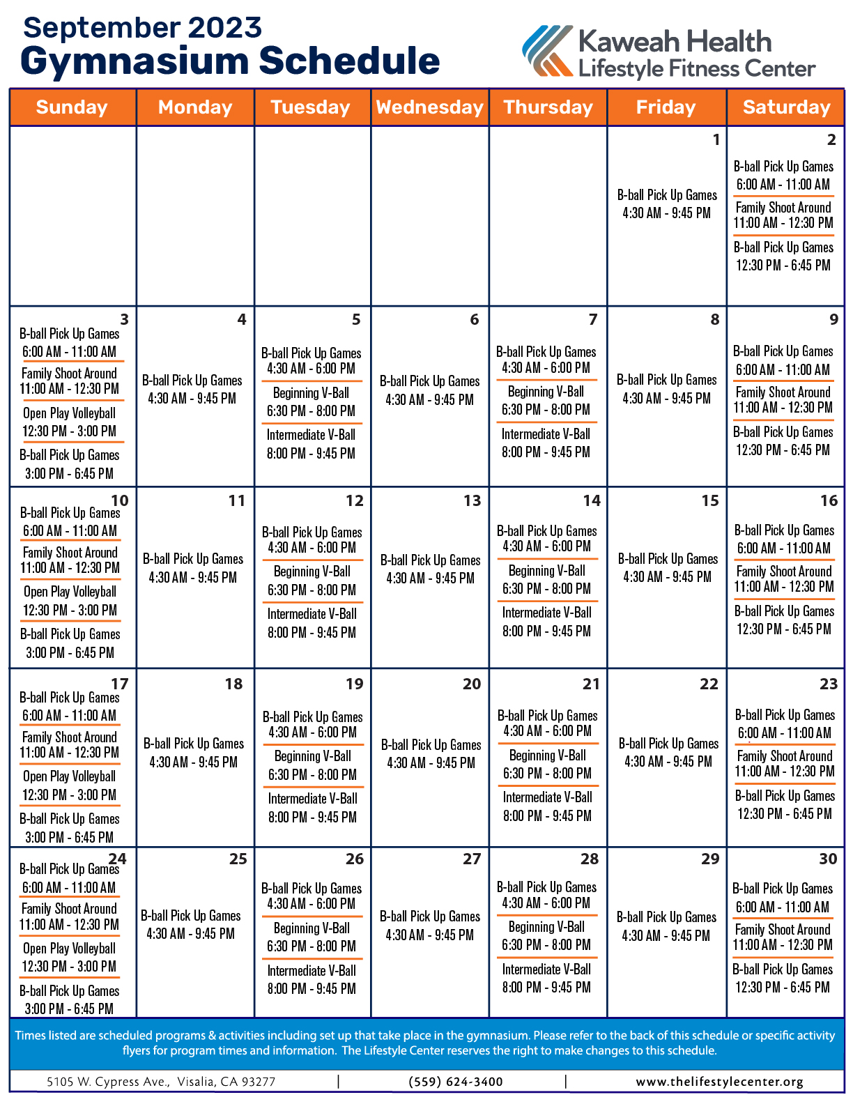 September 2023 Gymnasium schedule