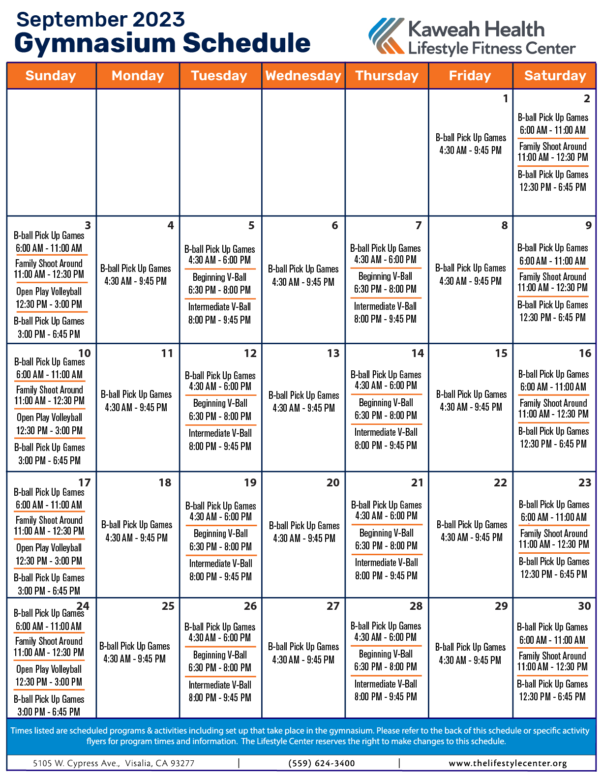 September 2023 Gymnasium schedule
