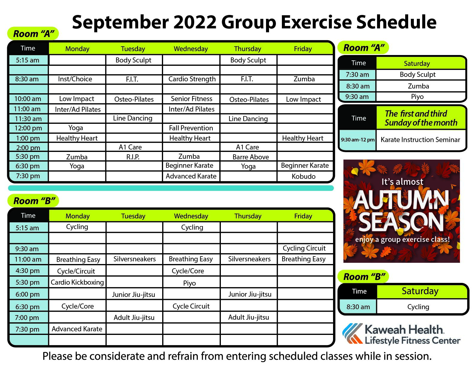 September Aerobic schedule 2022